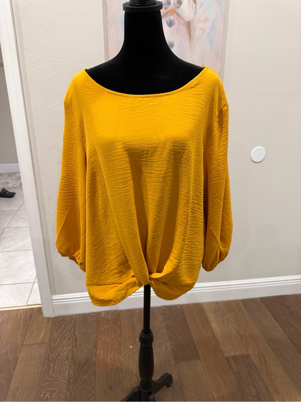 Misia Mustard Knot-Front Boatneck Blouson Top